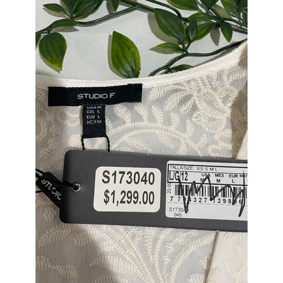 Studio F Ivory Lace Long Sleeve Tie Front Blouse With Embroidered Details Size M - Picture 11 of 16